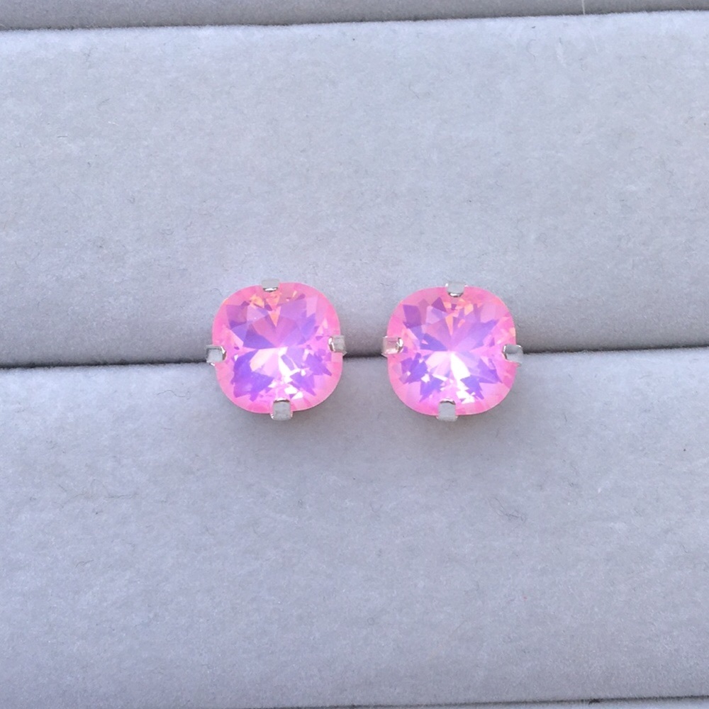 Pink Opal Aurora Borealis Cushion Cut + Silver Crystal Earrings - Picture 4 of 5